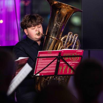 Tubist Einari Järvinen performs as part of the brass quintet. Photo: Jani Telatie