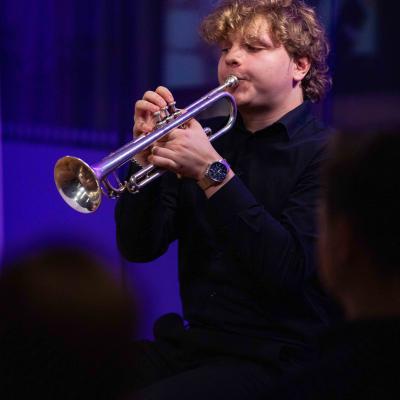 Trumpetist Viggo Sundqvist performs as part of the brass quintet. Photo: Jani Telatie